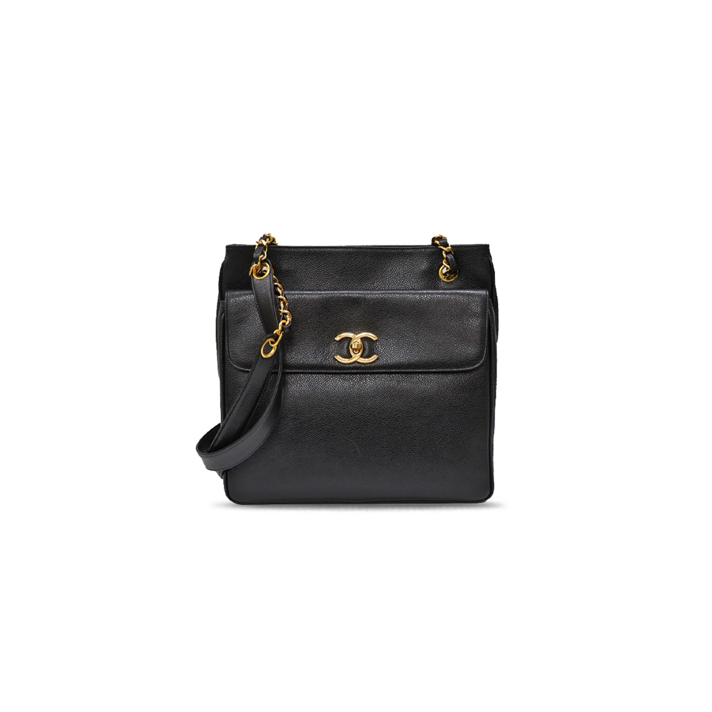 CHANEL BLACK CAVIAR DOUBLE CHAIN SHOULDER TOTE BAG GOLD A05456 (29*28*9cm)